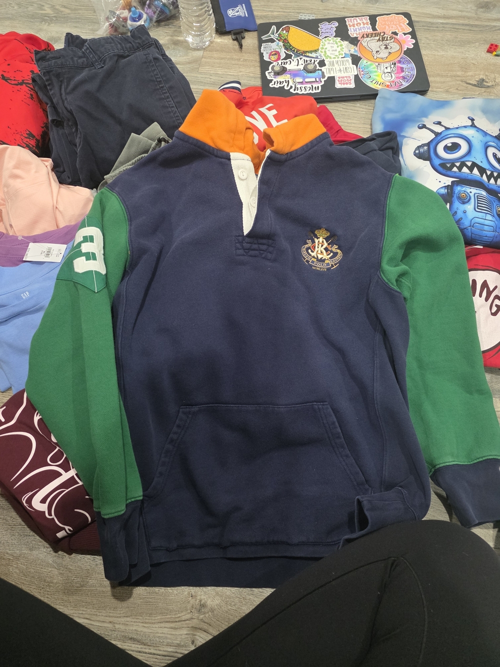 Polo by Ralph Lauren Navy Rugby Pullover with Green Sleeves & Orange Collar